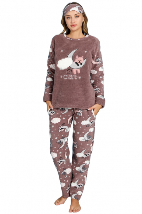 Pijama dama cocolino, pufoasa si calduroasa, imprimeu pisicuta somnoroasa, maro [5]