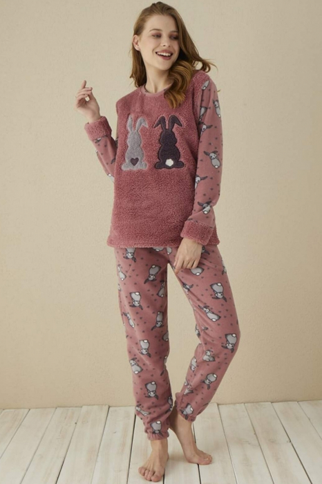 Pijama dama cocolino, pufoasa si calduroasa, imprimeu iepurasi, maro [2]