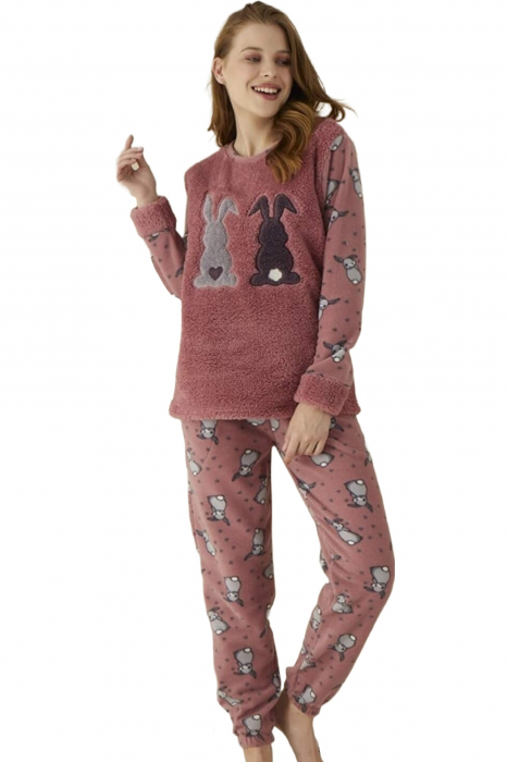 Pijama dama cocolino, pufoasa si calduroasa, imprimeu iepurasi, maro [5]