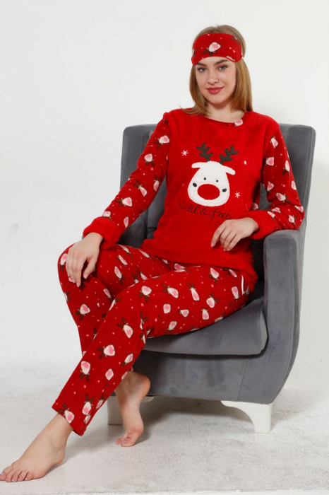 Pijama dama cocolino, pufoasa si calduroasa, imprimeu Ren Craciun wild , rosu [2]