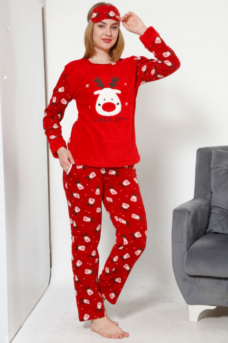 Pijama dama cocolino, pufoasa si calduroasa, imprimeu Ren Craciun wild , rosu [3]