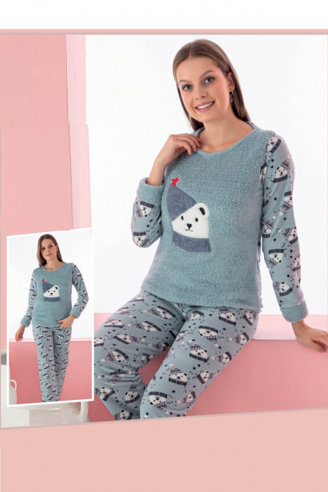 Pijama dama cocolino, pufoasa si calduroasa, imprimeu ursulet Craciun, verde [3]