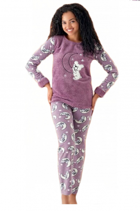 Pijama dama cocolino, pufoasa si calduroasa, imprimeu Luna si ursulet, mov [3]