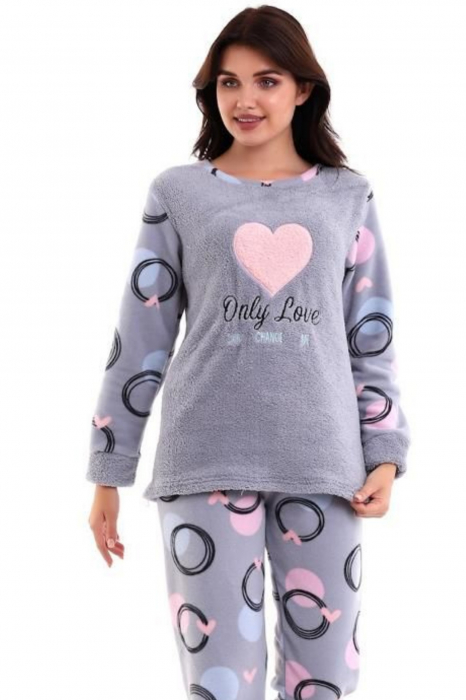 Pijama dama cocolino, pufoasa si calduroasa, imprimeu inimioara Only love, gri [3]