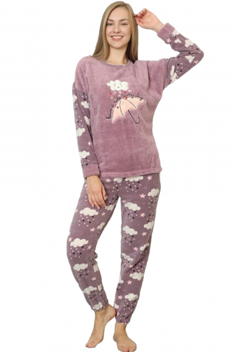 Pijama dama cocolino, pufoasa si calduroasa, imprimeu umbrela, mov [6]