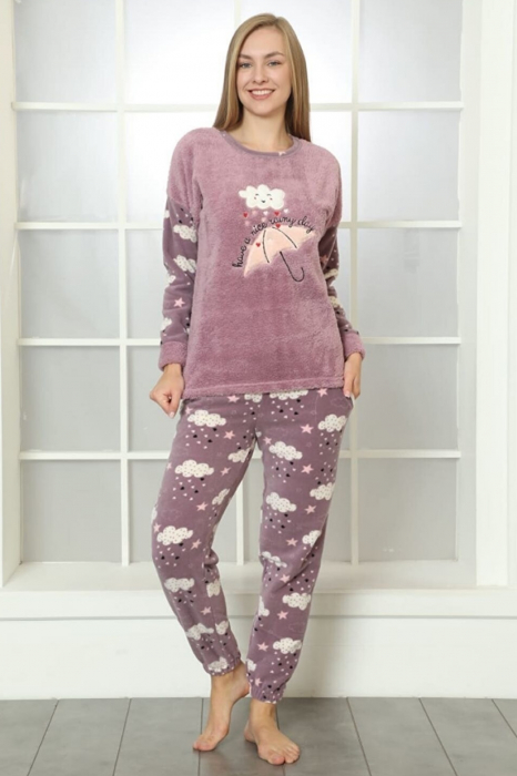 Pijama dama cocolino, pufoasa si calduroasa, imprimeu umbrela, mov [2]