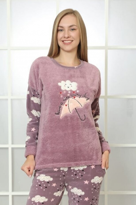 Pijama dama cocolino, pufoasa si calduroasa, imprimeu umbrela, mov [4]