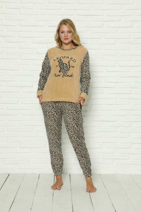 Pijama dama cocolino, pufoasa si calduroasa, imprimeu leopard new black, maro [3]