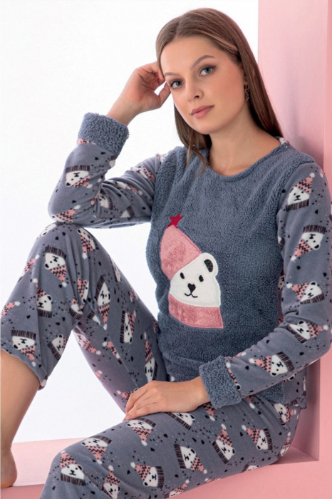 Pijama dama cocolino, pufoasa si calduroasa, imprimeu ursulet Craciun, gri [2]