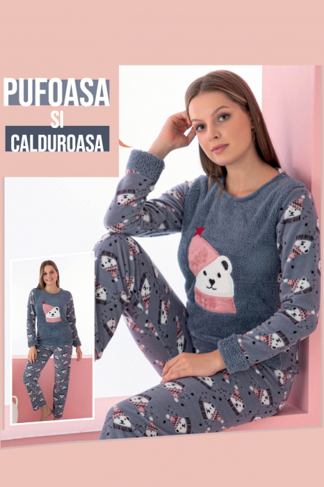 Pijama dama cocolino, pufoasa si calduroasa, imprimeu ursulet Craciun, gri [3]