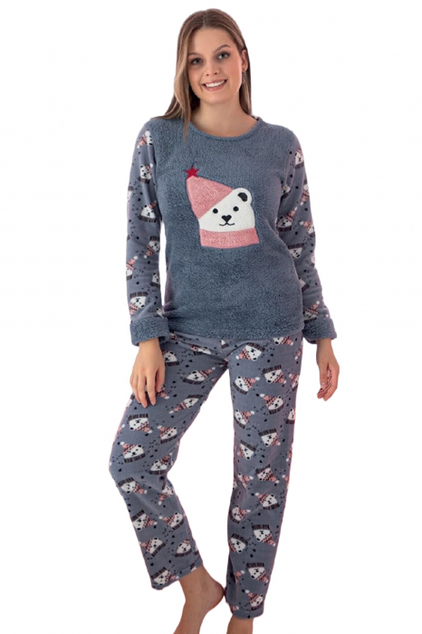 Pijama dama cocolino, pufoasa si calduroasa, imprimeu ursulet Craciun, gri [4]