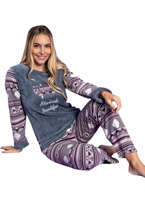Pijama dama cocolino, pufoasa si calduroasa, imprimeu beautiful, gri [3]