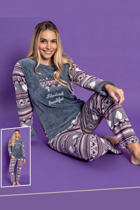 Pijama dama cocolino, pufoasa si calduroasa, imprimeu beautiful, gri [2]