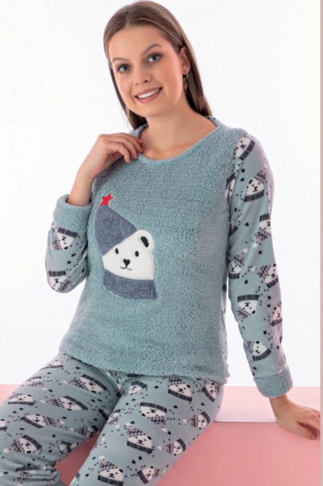 Pijama dama cocolino, pufoasa si calduroasa, imprimeu ursulet Craciun, verde [2]