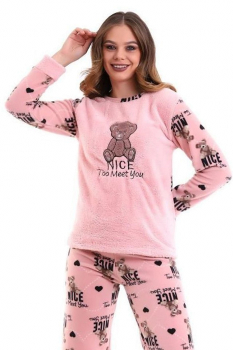 Pijama dama cocolino, pufoasa si calduroasa, imprimeu ursulet nice, roz [3]