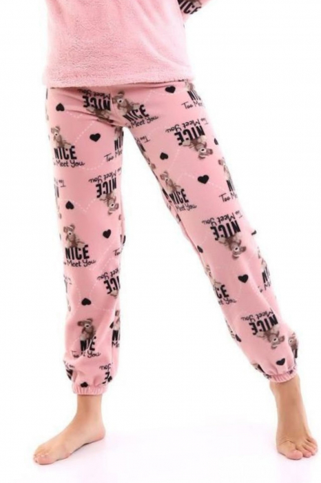 Pijama dama cocolino, pufoasa si calduroasa, imprimeu ursulet nice, roz [2]