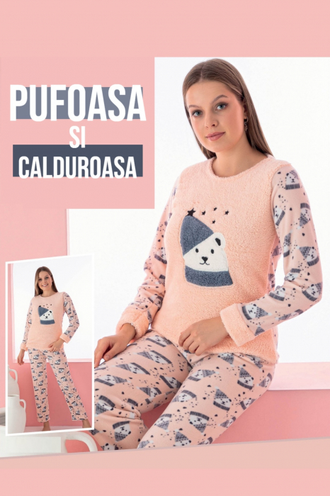 Pijama dama cocolino, pufoasa si calduroasa, imprimeu ursulet Craciun, corai [3]
