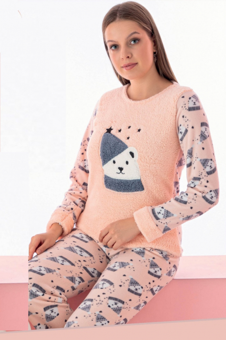 Pijama dama cocolino, pufoasa si calduroasa, imprimeu ursulet Craciun, corai [2]