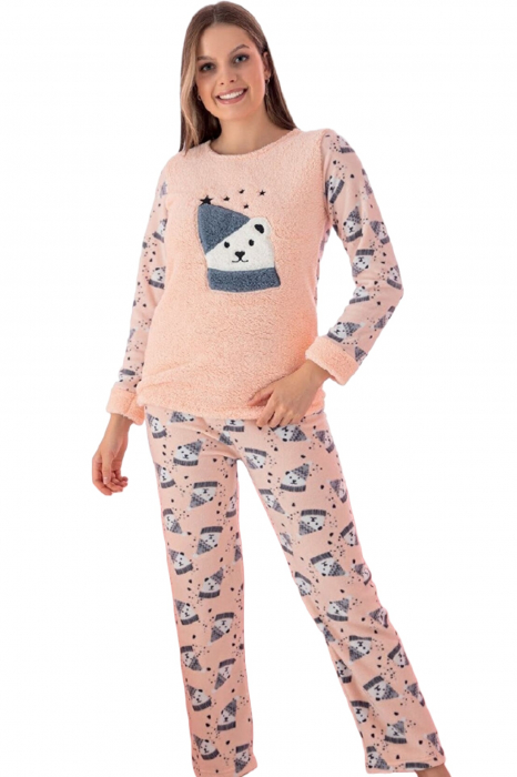 Pijama dama cocolino, pufoasa si calduroasa, imprimeu ursulet Craciun, corai [4]