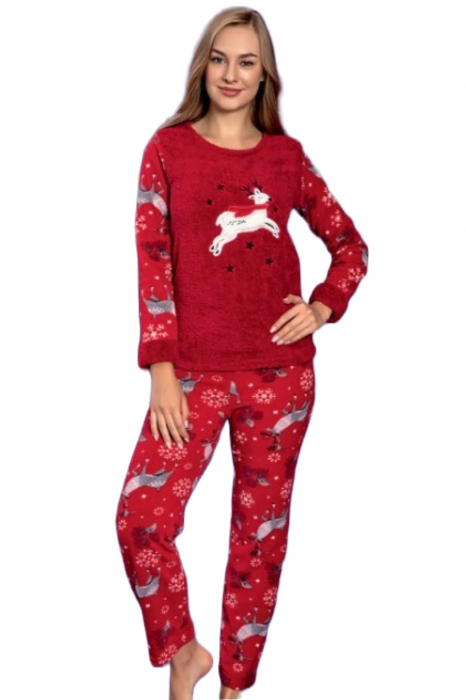 Pijama dama cocolino, pufoasa si calduroasa, imprimeu Craciun reni, rosu [3]