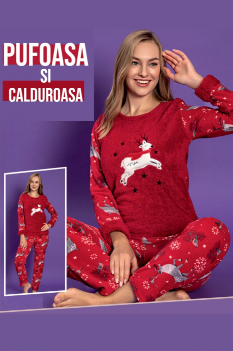 Pijama dama cocolino, pufoasa si calduroasa, imprimeu Craciun reni, rosu [2]