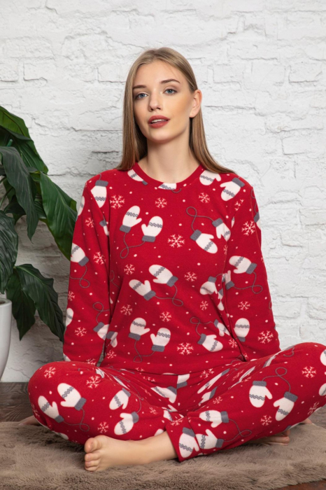 Pijama dama cocolino soft polar, pufoasa, imprimeu Craciun manusi cadou, rosu [2]
