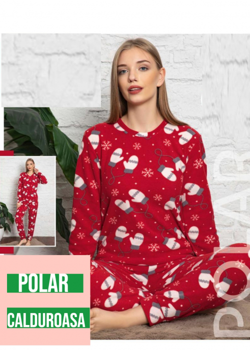 Pijama dama cocolino soft polar, pufoasa, imprimeu Craciun manusi cadou, rosu [3]
