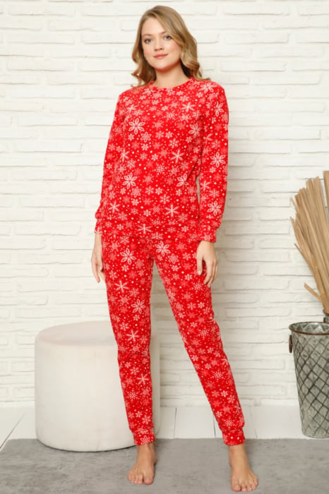 Pijama dama cocolino soft polar, pufoasa cu imprimeu Craciun fulgi de nea rosu-cadou craciun [1]