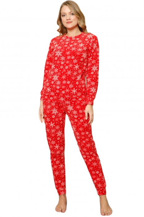 Pijama dama cocolino soft polar, pufoasa cu imprimeu Craciun fulgi de nea rosu-cadou craciun [6]