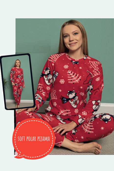 Pijama dama cocolino soft polar, pufoasa cu imprimeu Craciun urs polar rosu-cadou craciun [3]