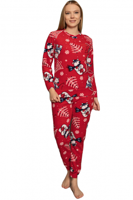 Pijama dama cocolino soft polar, pufoasa cu imprimeu Craciun urs polar rosu-cadou craciun [5]