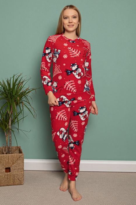 Pijama dama cocolino soft polar, pufoasa cu imprimeu Craciun urs polar rosu-cadou craciun [1]