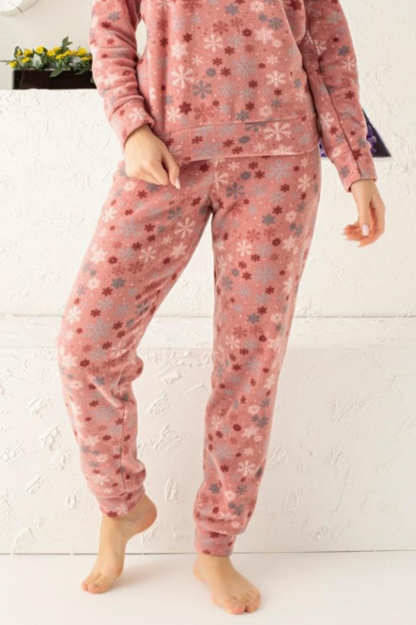 Pijama dama cocolino soft polar, pufoasa, imprimeu Craciun fulgi nea, corai [4]
