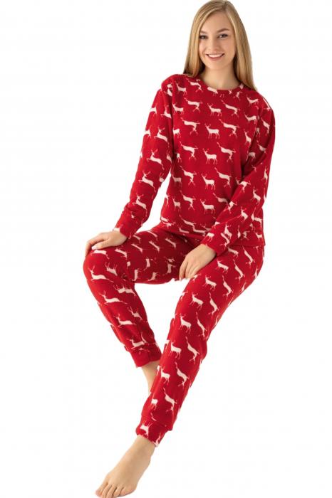 Pijama dama cocolino soft polar, pufoasa, imprimeu Craciun cu reni, rosu [4]
