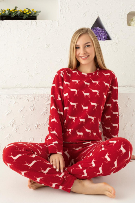 Pijama dama cocolino soft polar, pufoasa, imprimeu Craciun cu reni, rosu [2]