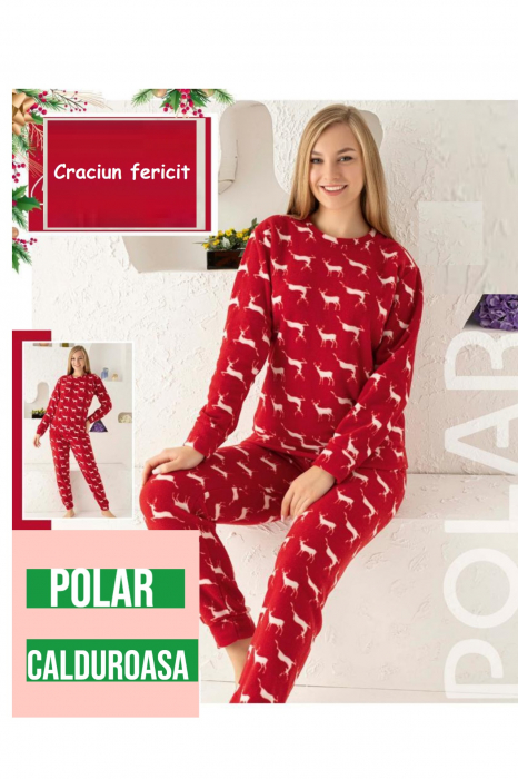 Pijama dama cocolino soft polar, pufoasa, imprimeu Craciun cu reni, rosu [3]