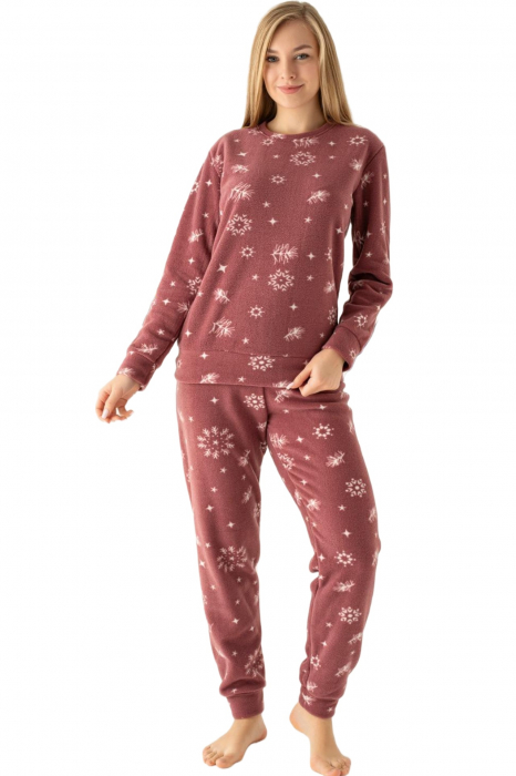 Pijama dama cocolino soft polar, pufoasa, imprimeu Craciun fulgi nea, maro [3]