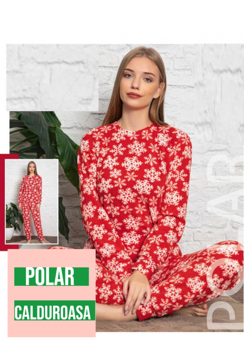 Pijama dama cocolino soft polar, pufoasa, imprimeu Craciun fulgi nea, rosu [3]