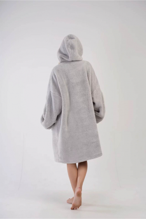 Pijama tip hanorac patura cu gluga, cu buzunare, dama/barbat, pufoasa, gri, Marime universala, embody.ro [7]