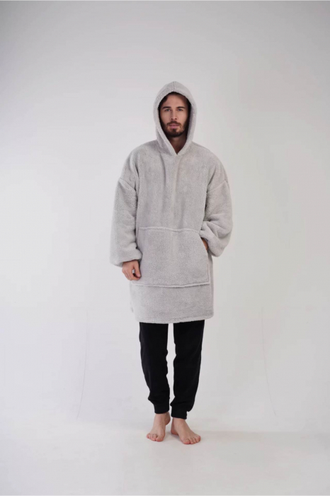 Pijama tip hanorac patura cu gluga, cu buzunare, dama/barbat, pufoasa, gri, Marime universala, embody.ro [3]