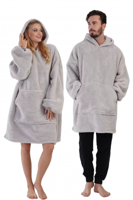 Pijama tip hanorac patura cu gluga, cu buzunare, dama/barbat, pufoasa, gri, Marime universala, embody.ro [8]