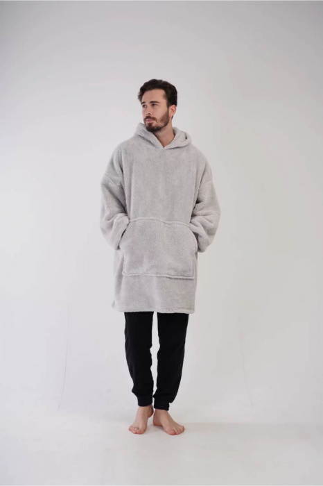 Pijama tip hanorac patura cu gluga, cu buzunare, dama/barbat, pufoasa, gri, Marime universala, embody.ro [5]