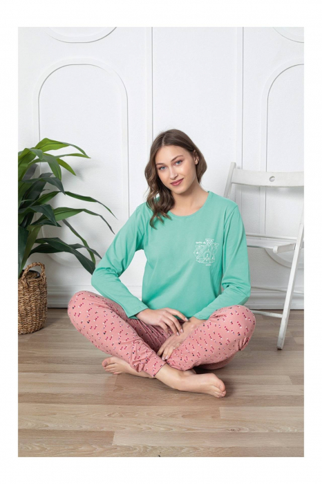 Pijama dama bumbac calitativ fin, roz/vernil 310, embody.ro [2]