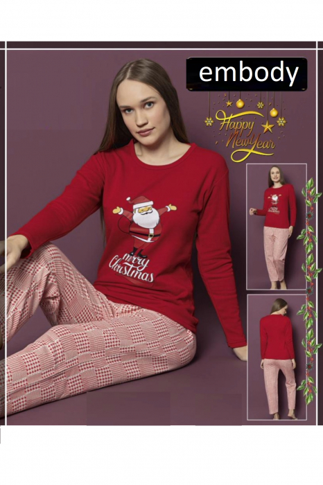 Pijama dama cu imprimeu Craciun Merry Christmas, bumbac vatuit, rosu, embody.ro [2]