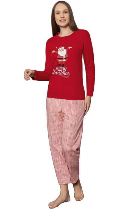 Pijama dama cu imprimeu Craciun Merry Christmas, bumbac vatuit, rosu, embody.ro [5]