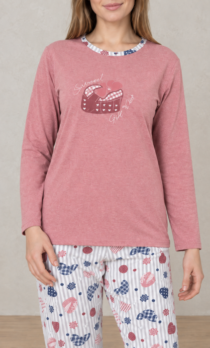 Pijama Dama din Bumbac, 2 Piese, Bluza Roz cu Maneca Lunga si Pantaloni cu Imprimeu 1204 [5]