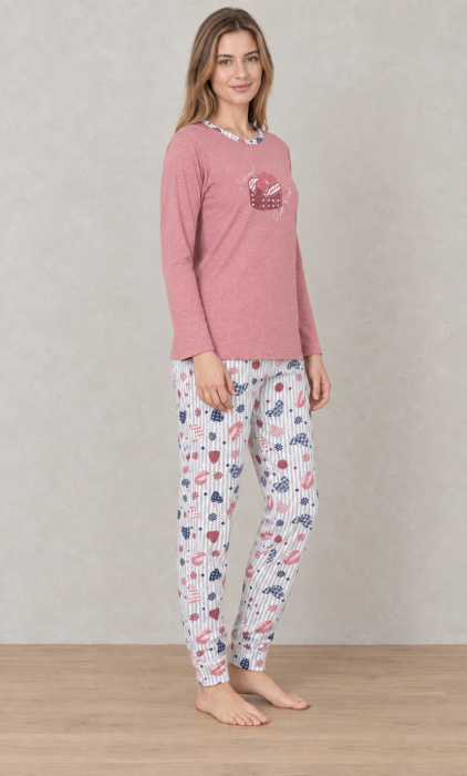 Pijama Dama din Bumbac, 2 Piese, Bluza Roz cu Maneca Lunga si Pantaloni cu Imprimeu 1204 [4]