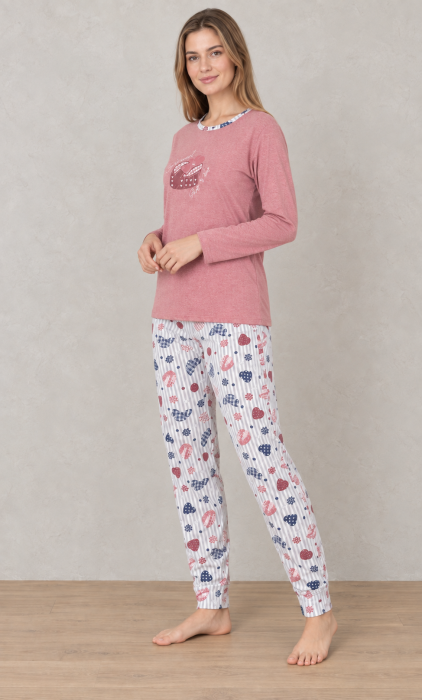 Pijama Dama din Bumbac, 2 Piese, Bluza Roz cu Maneca Lunga si Pantaloni cu Imprimeu 1204 [3]