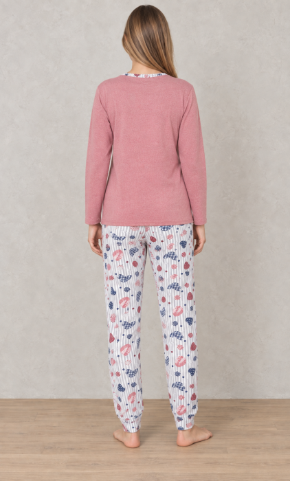 Pijama Dama din Bumbac, 2 Piese, Bluza Roz cu Maneca Lunga si Pantaloni cu Imprimeu 1204 [7]