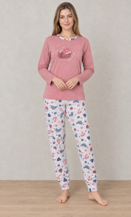 Pijama Dama din Bumbac, 2 Piese, Bluza Roz cu Maneca Lunga si Pantaloni cu Imprimeu 1204 [2]
